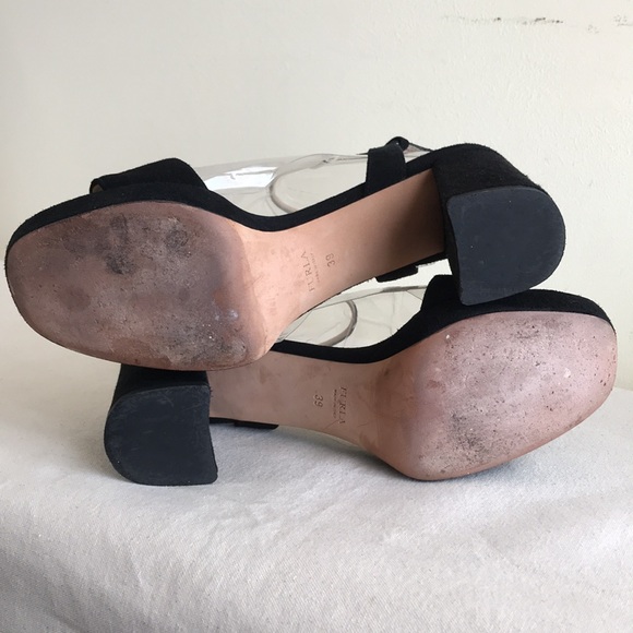 EUC Furla Italy sz 39 sandal heels black suede chunky heel strappy ankle strap - Picture 7 of 14